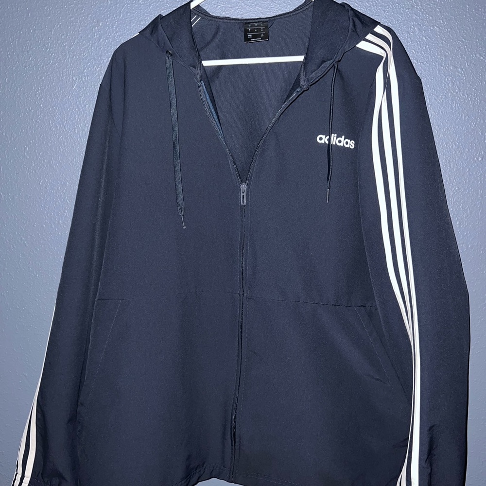 Mens XL Adidas Light/Windbreaker type jacket! Dark Blue and White Zip Up!